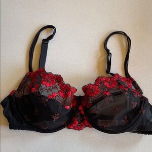 Victoria's Secret Gorgeous Sheer Lace Red and Black Embroidered Floral Bra, 38C